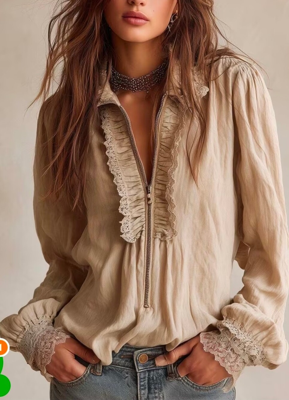 Apricot Lace Trim Blouse Ruffle Zip Front Puff Sleeve xl